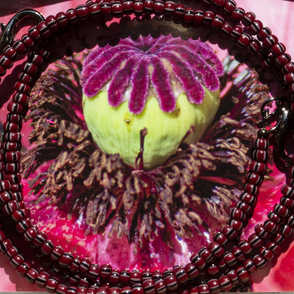 Red with black accents and flower mask lanyard
