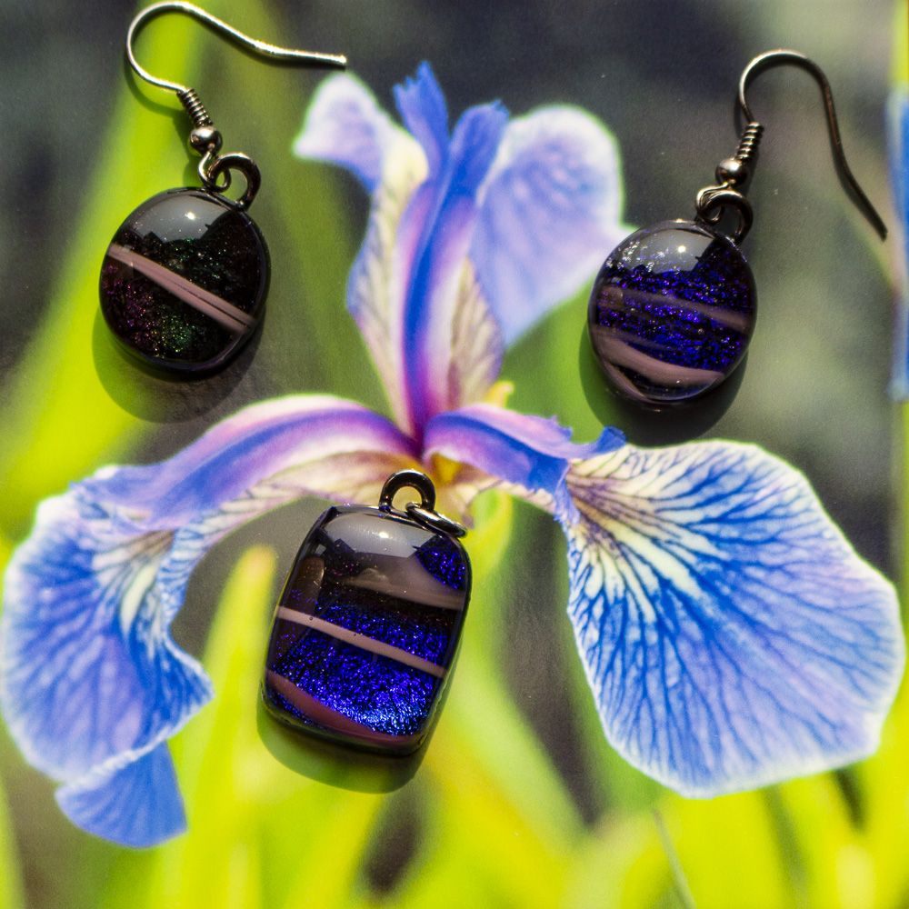 Purple blue lily pendant and earrings