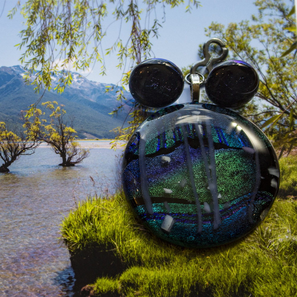 Blue and green dichroic glass pendants with earrings