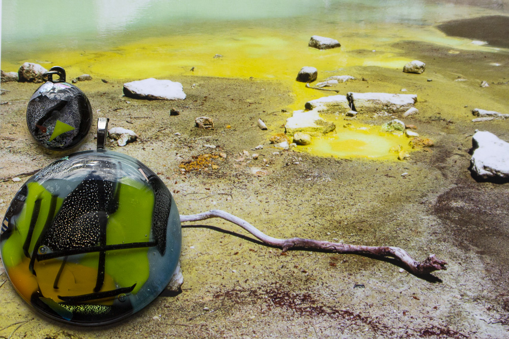 Green glass and grey dichroic glass pendant